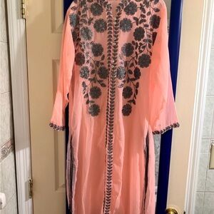 Pink Floral Embroidered Long Tunic/Kaftan-Kameez Style Three Piece